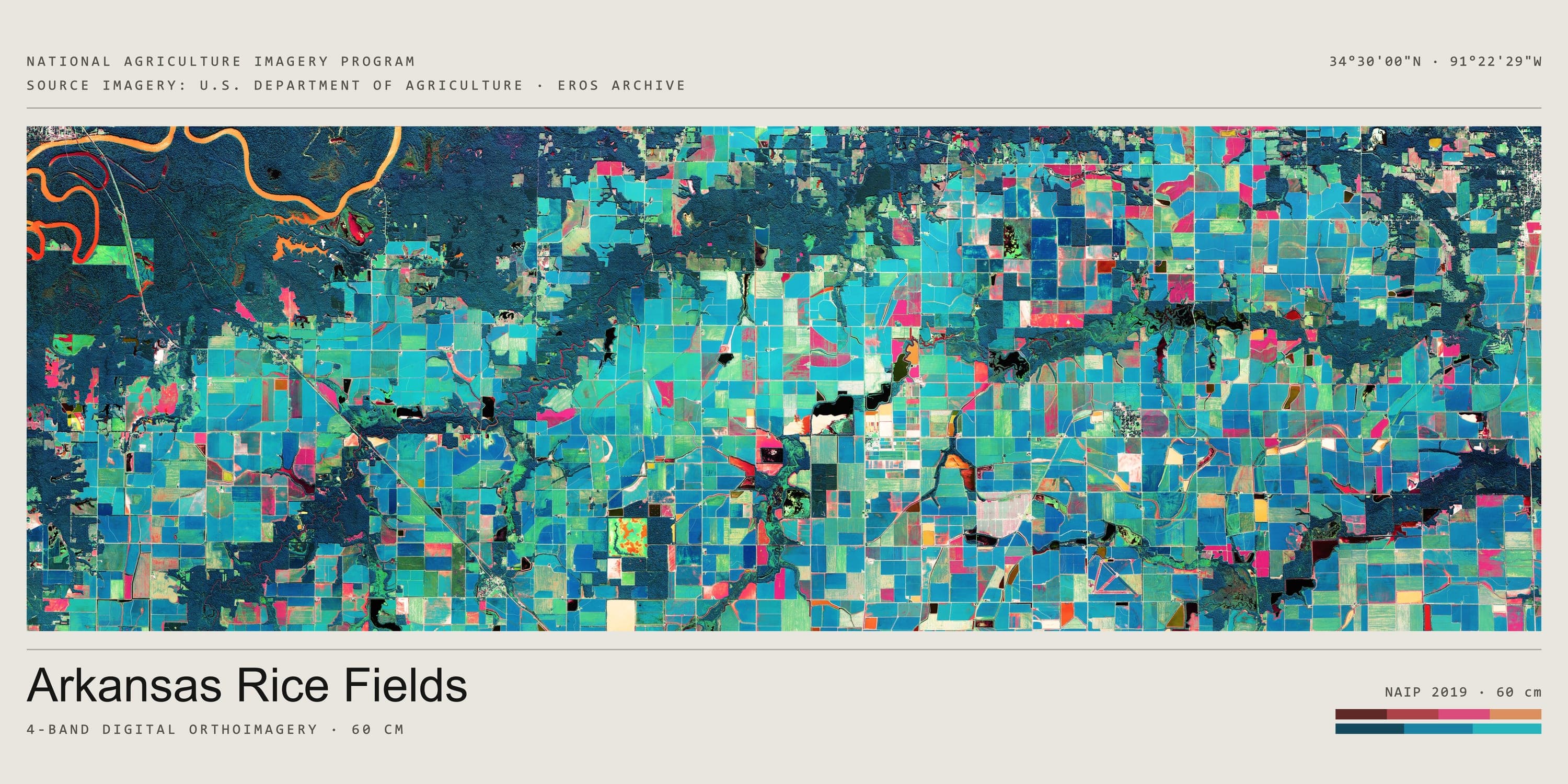 Arkansas Rice Fields — naip 2019, panorama · 3:1, titled print
