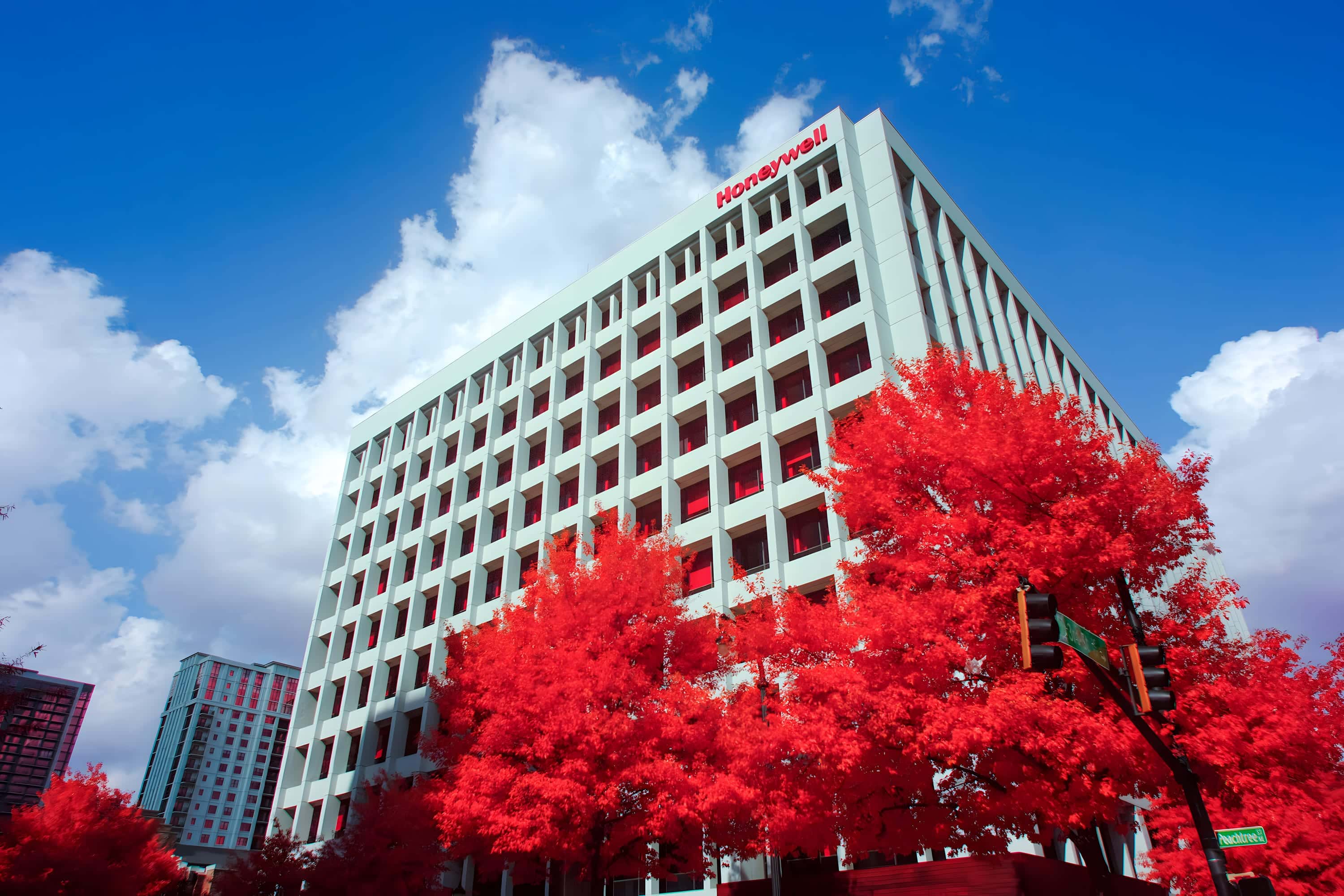 The Honeywell building on Peachtree Street in Atlanta, with street trees at its base, photographed in near-infrared light.