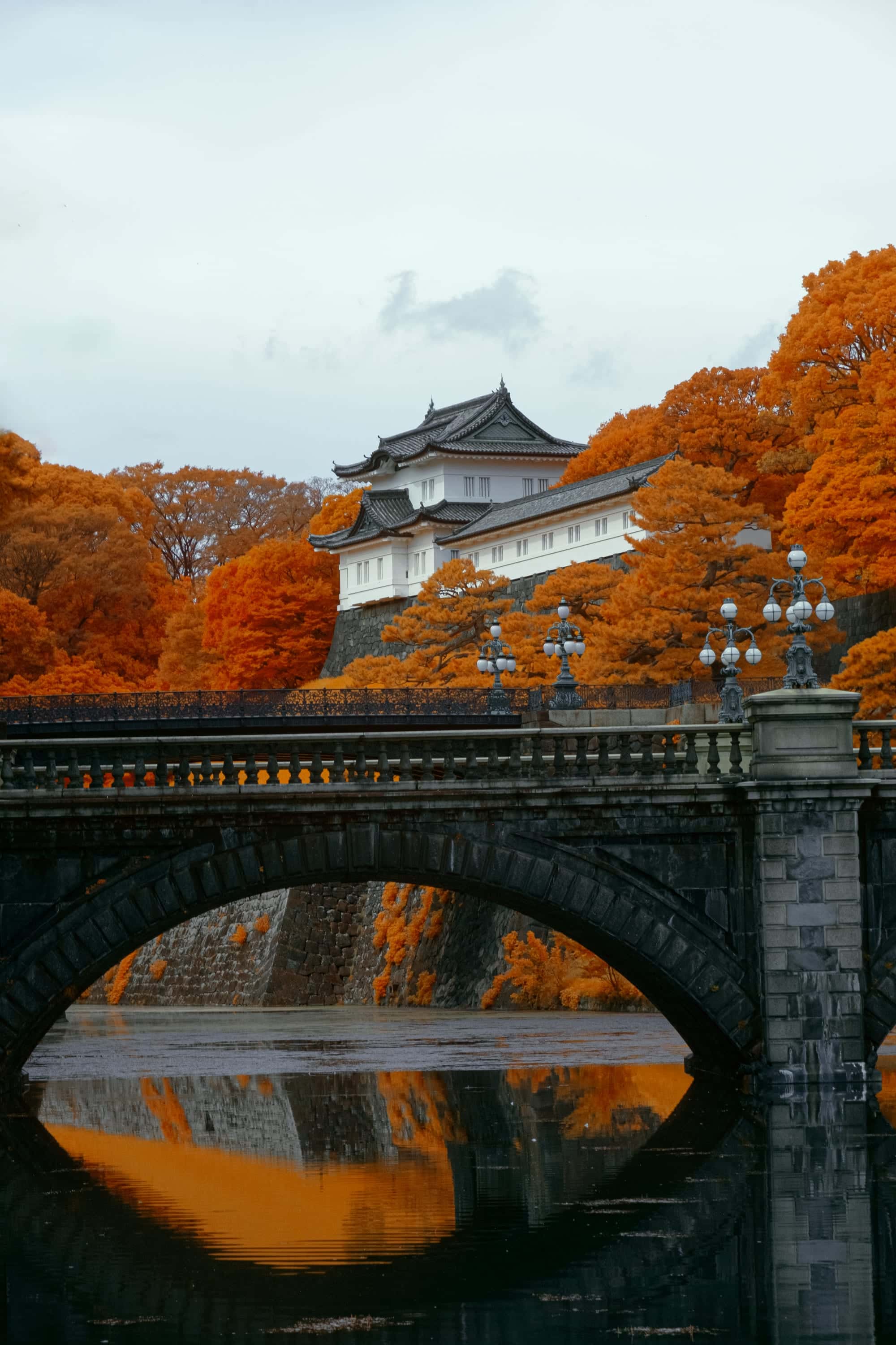 The Imperial Palace and Nijubashi bridge in Tokyo, photographed in full spectrum.
