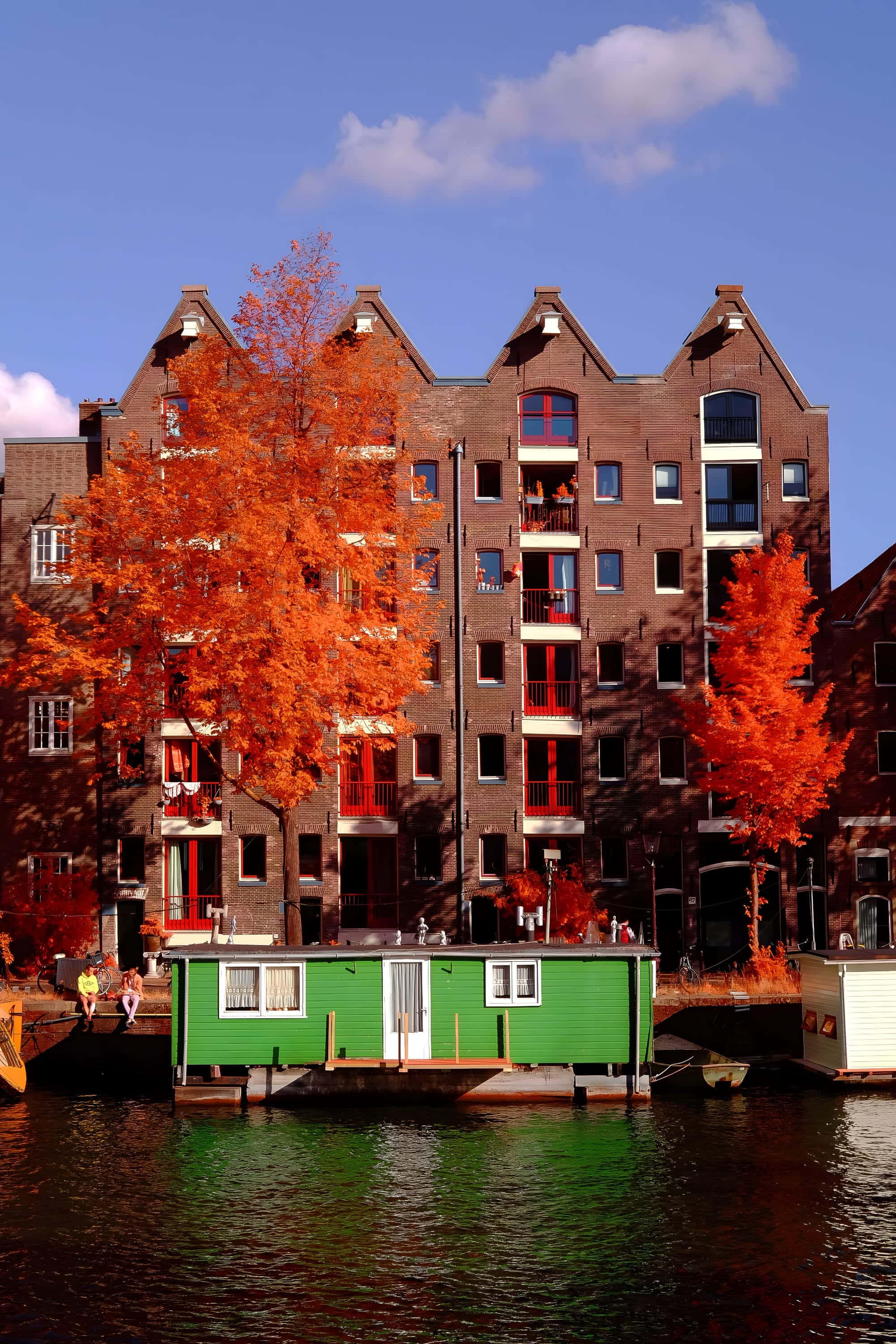 Canal-side warehouse buildings with a green houseboat moored in front of them, photographed in near-infrared light.