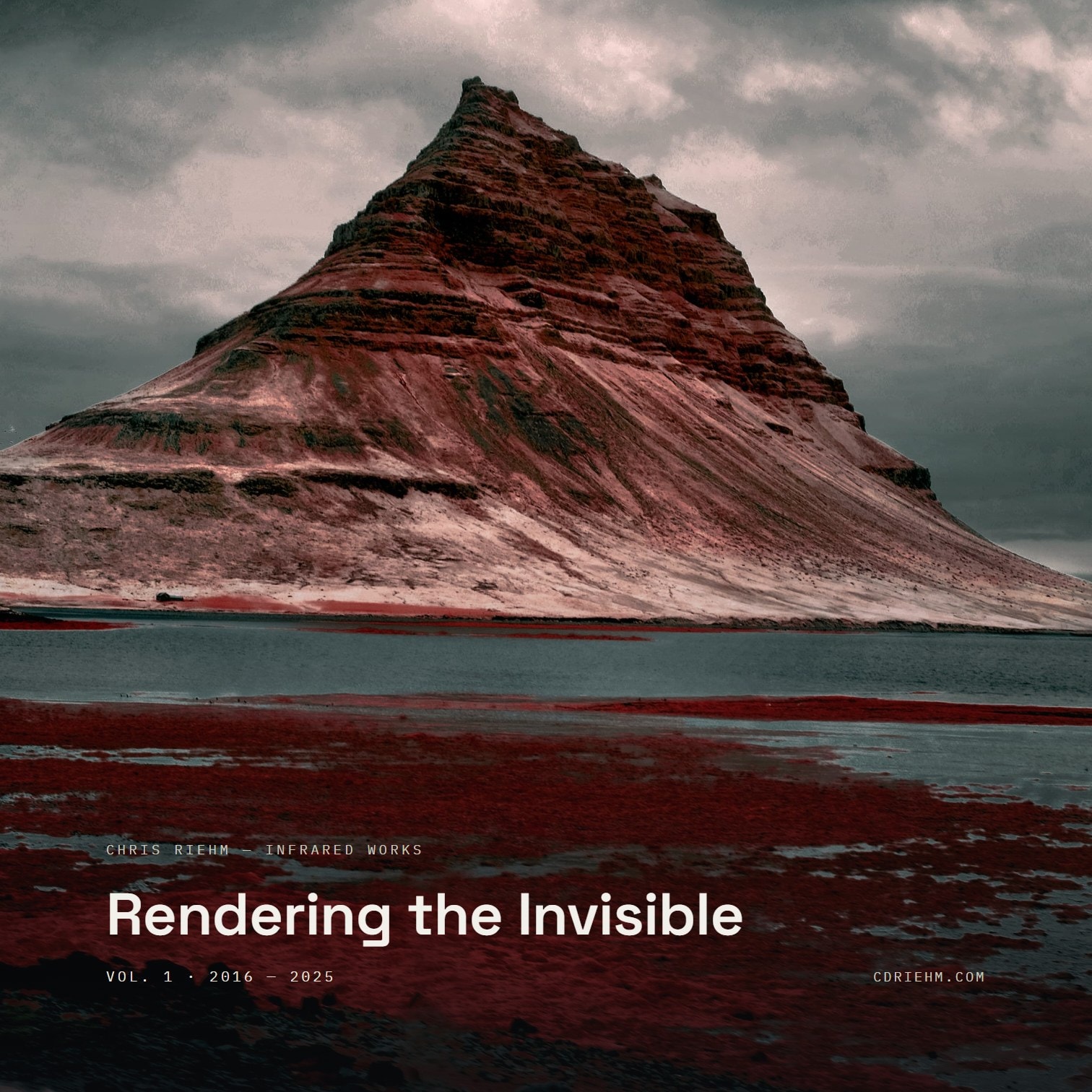 Square zine cover — Kirkjufell mountain in infrared crimson under a storm sky, titled Rendering the Invisible