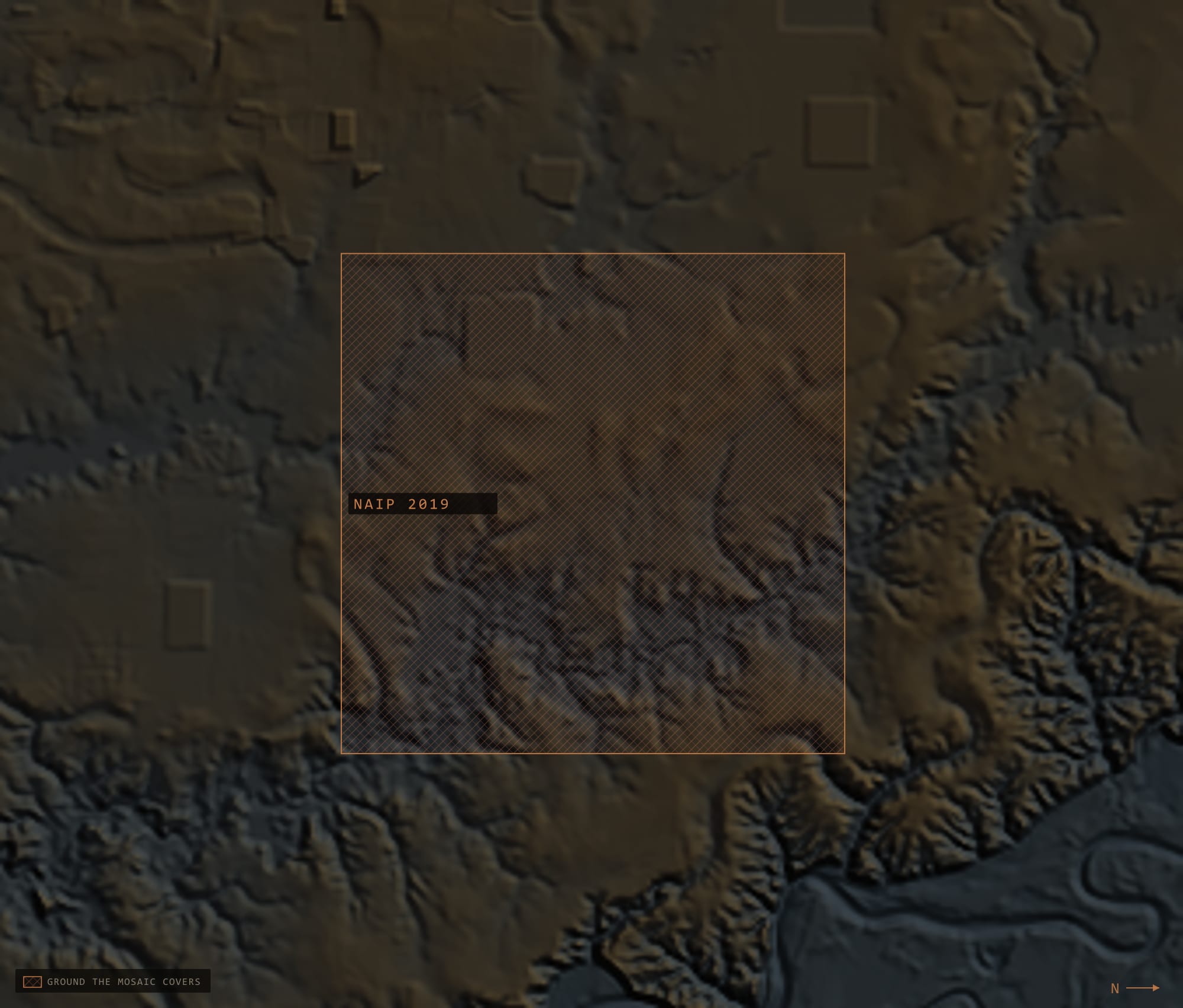 Terrain map of Arkansas Rice Fields, Arkansas, with the mosaic's ground footprint marked