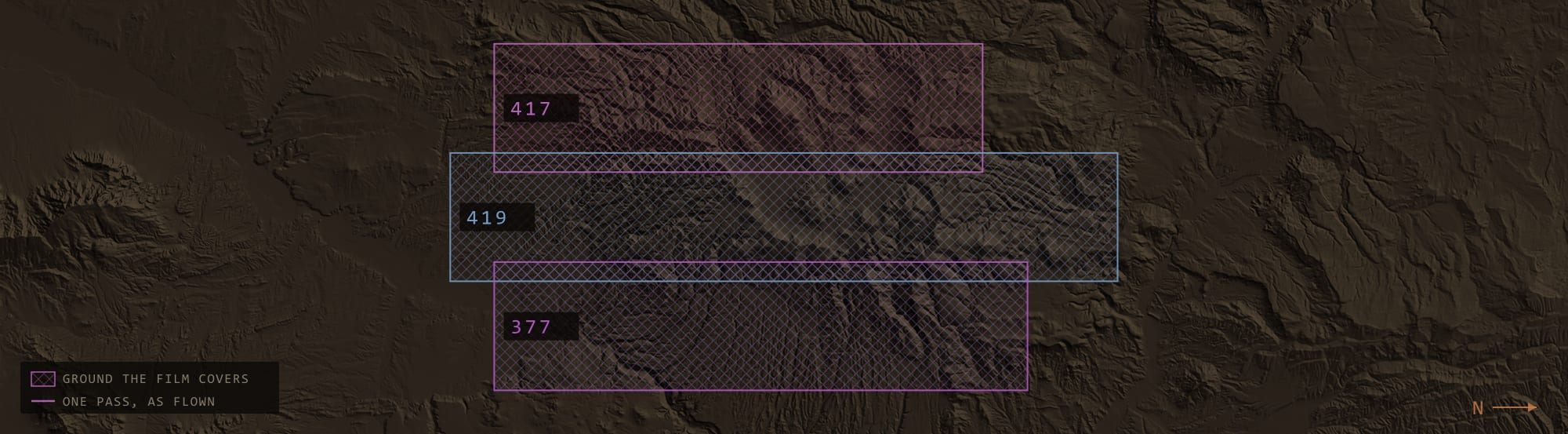 Terrain map of Valles Caldera, New Mexico, with the 3 flight lines marked